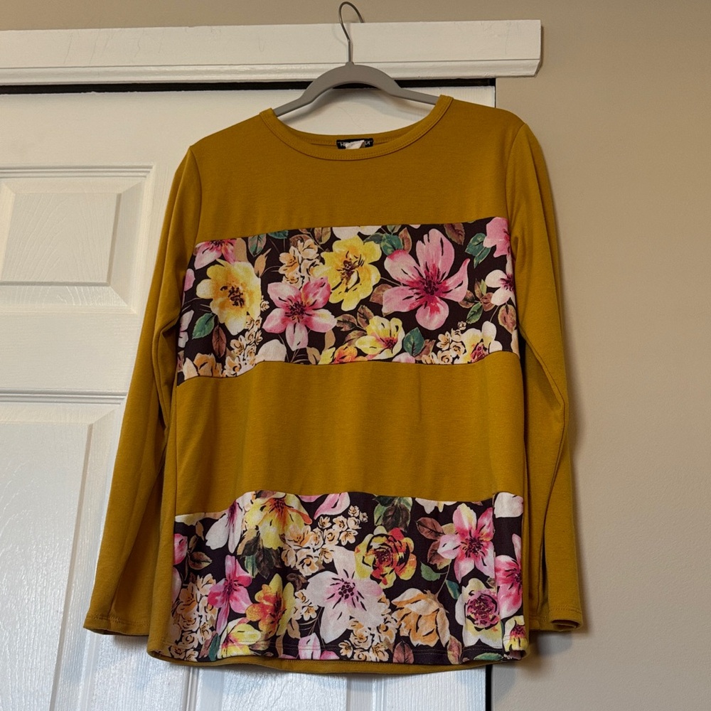 Mustard Yellow Floral Panel Long Sleeve Top